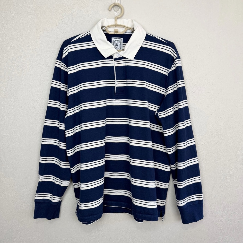Lands End Striped Rugby Long Sleeve Collared Polo Shirt Navy White Size XL 46-48